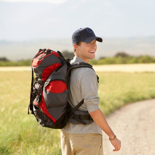 a backpacker wearing a BryBerry Hat