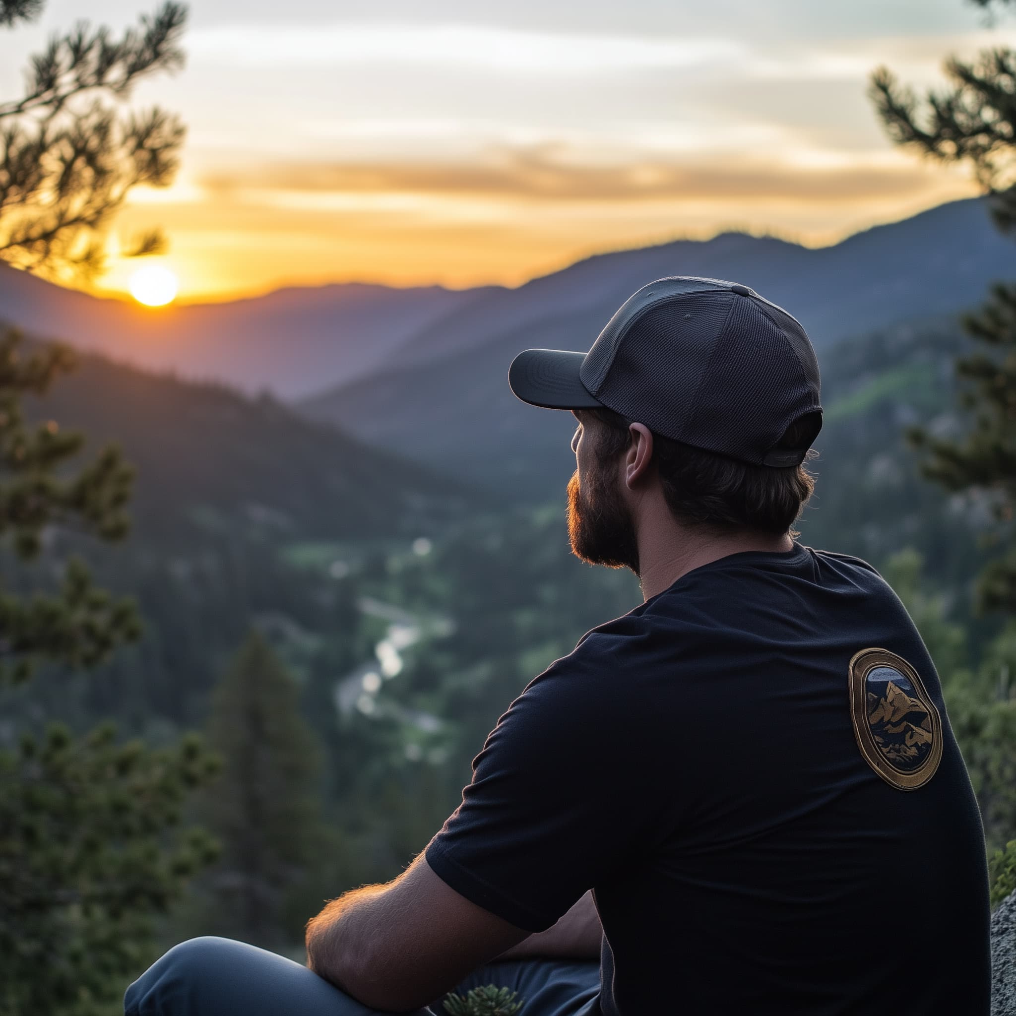 Back vieew of a working class adventurer wearing a BryBerry hat looking at mountain valley.